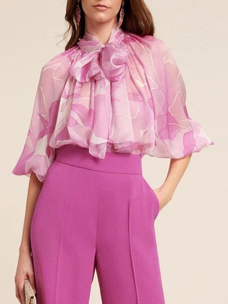 

Loosen Tie Neck Printed Short Sleeve Top, Pink, Tops
