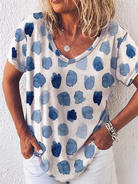 

V Neck Geometric Short Sleeve T-Shirt, Blue, T-Shirts
