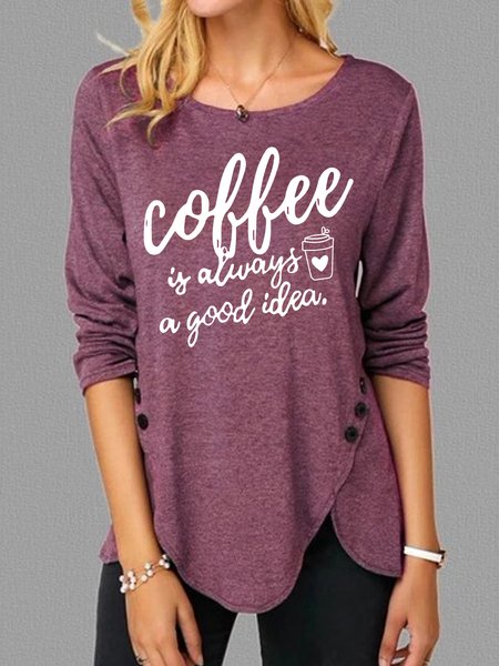

Women's Coffee Print Casual Long Sleeve T-Shirt, Wine red, Long sleeves