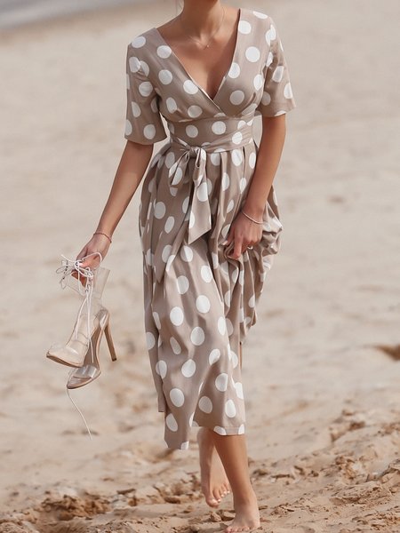 

Polka Dots V Neck Vacation Short Sleeve Dress, Light khaki, Maxi Dresses