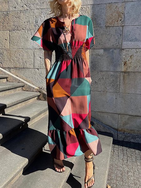 

Vacation V Neck Short Sleeve Woven Dress, Multicolor, Maxi Dresses