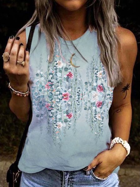 

Floral Casual Round Neck Loosen, As picture, Tank Top