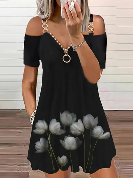 

Floral Regular Fit Cotton Short Sleeve Woven Dress, Black, Floral Dresses