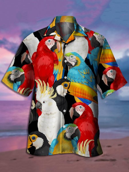 

Mens Hawaiian Parrots Print Casual Short Sleeve Aloha Shirts, Black, Men's Floral shirt