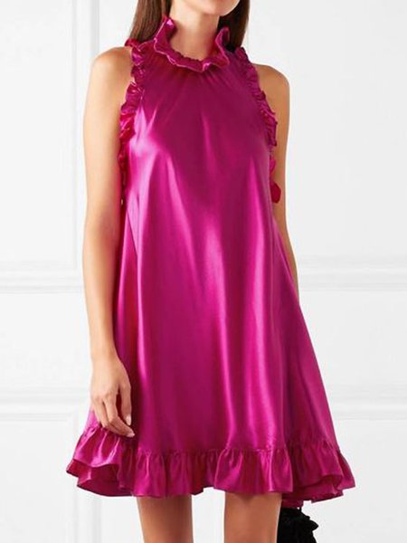 

Summer Lightweight Romantic Plain Ruffle Collar Sleeveless Woven Dresses, Rose red, Mini Dresses