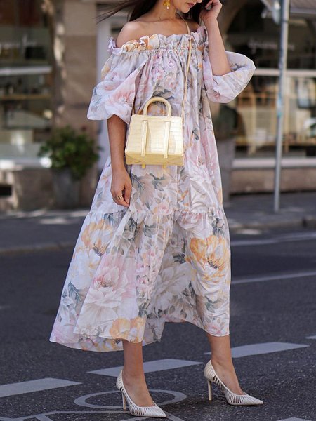 

Vacation Floral Short Sleeve Boat Neck Dress, Multicolor, Maxi Dresses