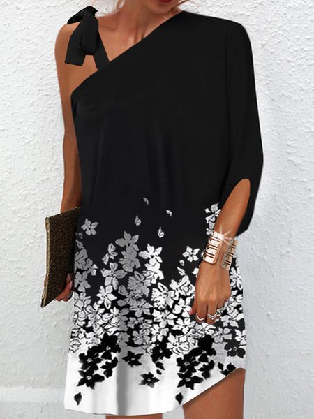 

Sexy One Shoulder Floral Short Sleeve Knit Dress, Black, Mini Dresses