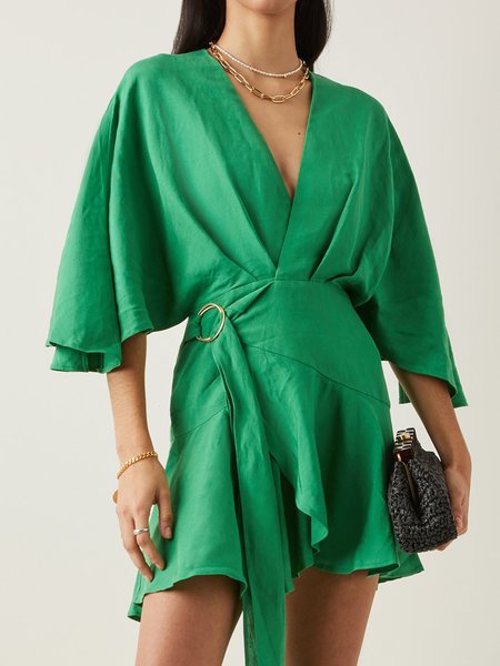 

Regular Fit V Neck Short Sleeve Woven Dress, Green, Mini Dresses