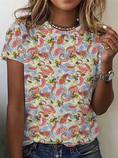 

Loosen Casual Paisley Short Sleeve T-Shirt, Multicolor, T-Shirts