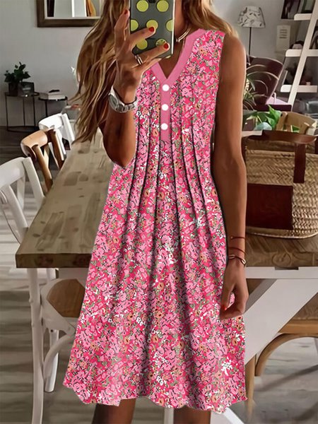 

Plus size V Neck Casual Floral Short Sleeve Dress, Deep pink, Mini Dresses