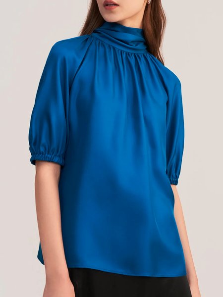 

Elegant Solid Stand Collar Half Sleeve Top, Blue, Tops