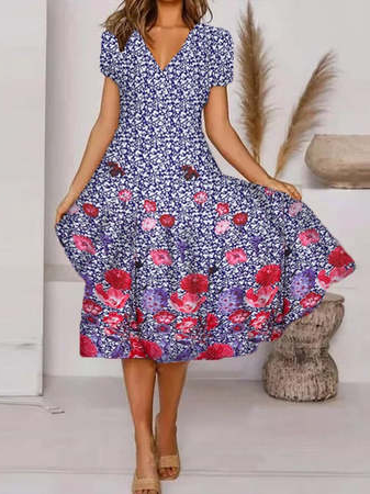

V Neck Casual Floral Short Sleeve Woven Dress, Purplish blue, Dresses