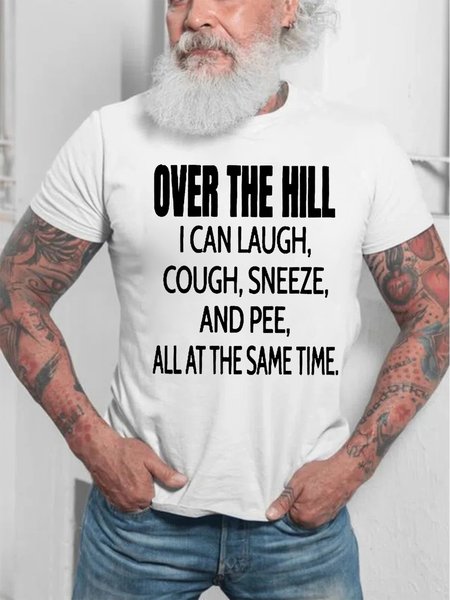 

Mens Funny Letter Print Over The Hill Round Neck Casual Cotton Short Sleeve T-Shirt, White, T-shirts