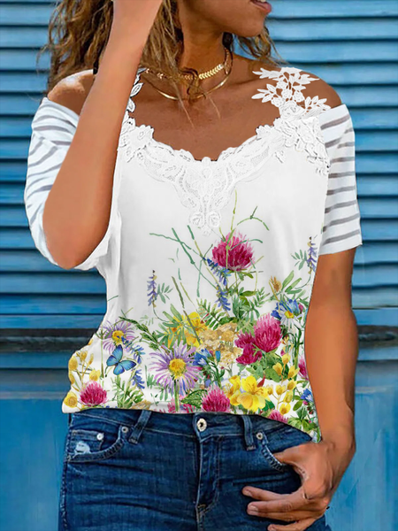 

Plus size Floral Casual Short Sleeve T-Shirt, White, T-Shirts