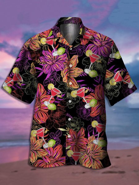 

Mens Fancy Hawaiian Floral Cocktail Print Casual Short Sleeve Aloha Shirts, Black, Men's Floral shirt