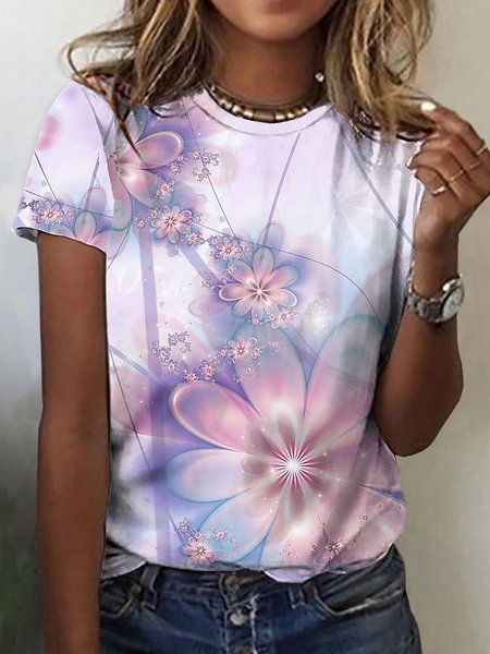 

Casual Loosen Crew Neck Short Sleeve T-Shirt, Flower, T-Shirts