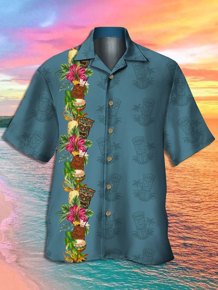 

Men's TIKI Botanical Print Casual Breathable Hawaiian Short Sleeve Shirt, Lake blue, Men's Floral shirt