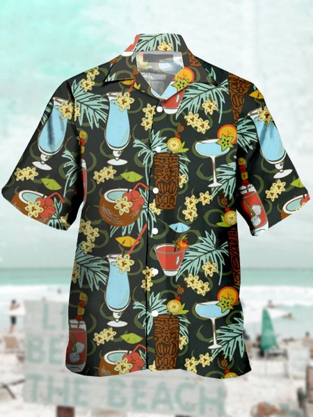 

Men's Cocktail Print Casual Moisture-Breathable Fabric Hawaiian Short Sleeve Shirt, Black, Men's Floral shirt