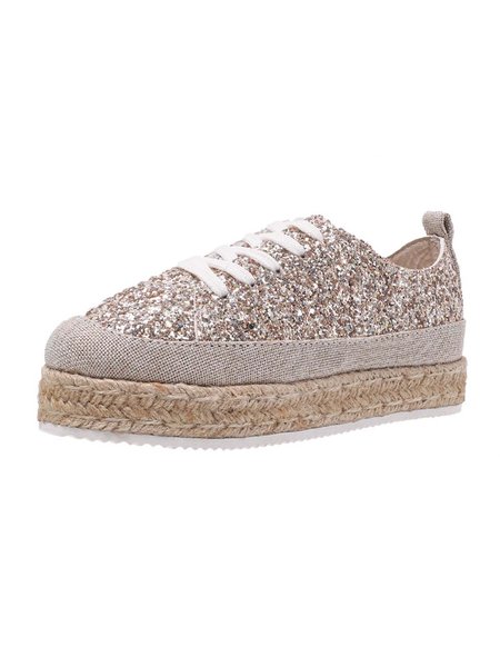 

JFN Women's Glitter Straw Lace-Up Platform Shoes, Golden, Flats
