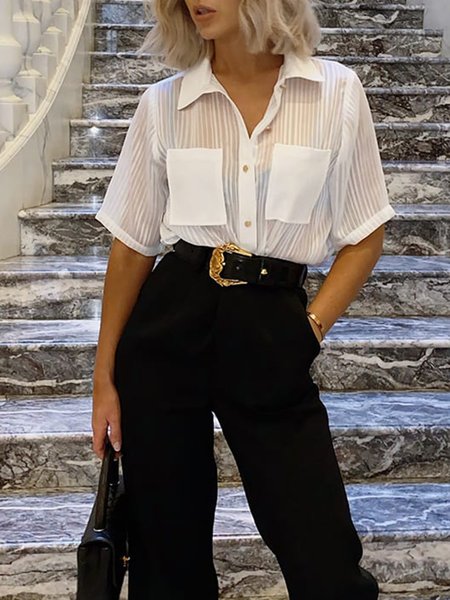 

Shirt Collar Plain Short Sleeve Blouse, White, Blouses and Shirts