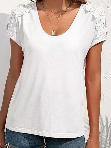 

White Lace Sleeve Design Short Sleeve Top, Tunics