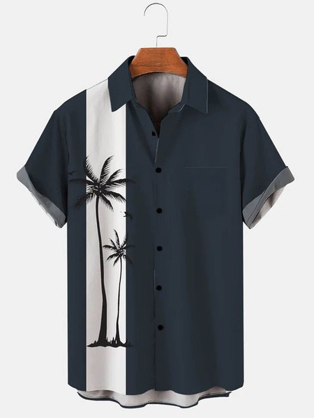 

Men's Coconut Tree Print Casual Breathable Hawaiian Short Sleeve Shirt, Blue, Short Sleeve Shirts