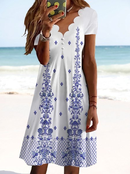 

V Neck Regular Fit Vacation Short Sleeve Knit Dress, White, Dresses