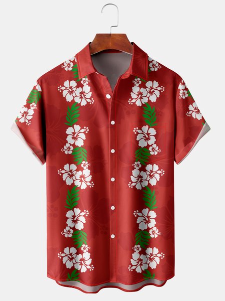 

Tropical Flower Graphic Men's Casual Short Sleeve Hawaiian Shirt, Red, Men's Floral shirt