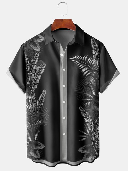 

Tropical Plant Graphic Men's Casual Short Sleeve Hawaiian Shirt, Black, Men's Floral shirt