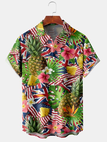 

Hawaiian Flag Graphic Men's Casual Short Sleeve Chest Pocket Shirt, Multicolor, Men's Floral shirt
