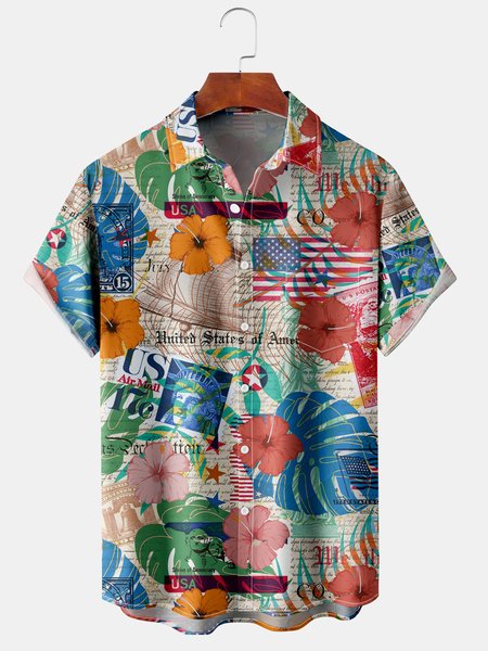 

Hawaiian Flag Graphic Men's Casual Short Sleeve Chest Pocket Shirt, Multicolor, Men's Floral shirt