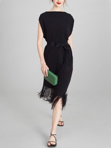 

Elegant Solid Boat Neck Regular Fit Midi Dress, Black, Midi Dresses