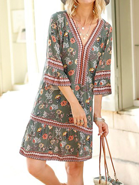 Ethnic Print Summer New Bestseller Women's 3/4 Sleeve Dress, Multicolor, Dresses