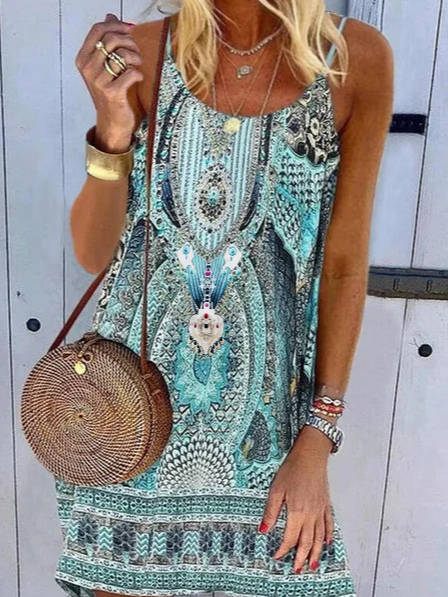 

Sleeveless A-Line Tribal Women Dress, Blue, Mini Dresses