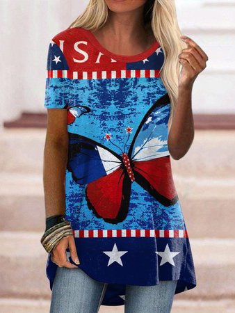 

Loosen Crew Neck Short Sleeve Tops, Blue, Shirts & Blouses