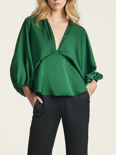 

V Neck Elegant Plain Short Sleeve Top, Green, Tops