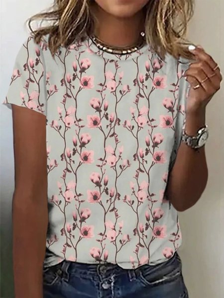 

Floral Crew Neck Short Sleeve Plus Size Casual T-Shirt, Flower, T-Shirts