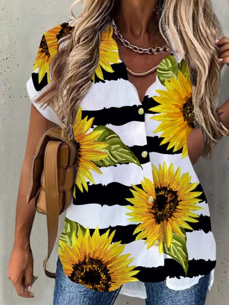 

Casual Sunflower Short Sleeve Size Printed Blouses, Yellow, Blouses & Shirts