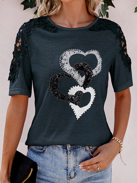 

Black Heart Print Lace Cutout Panel Shoulder T-Shirt, Deep gray, T-Shirts