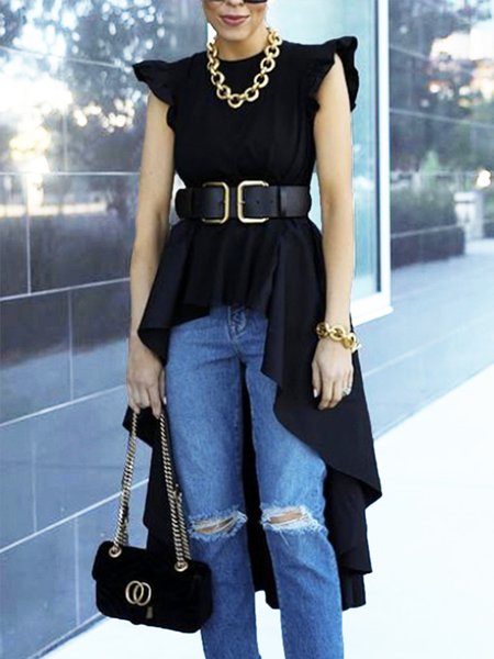 

Crew Neck Daily Solid Cap Sleeve Top, Black, Tops