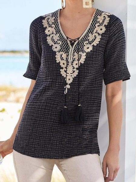 

V Neck Casual Loosen Short Sleeve Tops, Black-grey, Tops