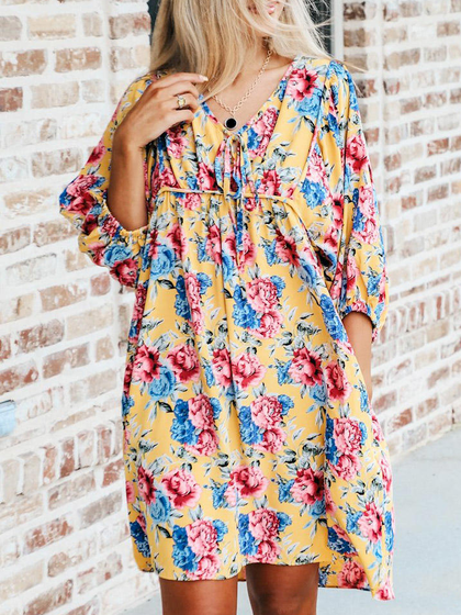 

Vacation Floral Loosen Long Sleeve Woven Dress, Yellow, Dresses