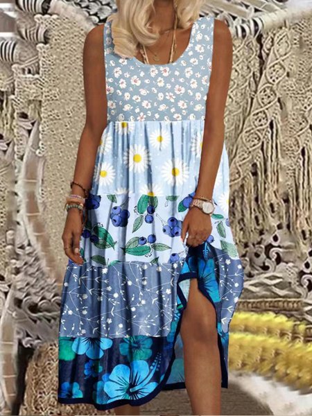 

Floral Regular Fit Crew Neck Sleeveless Woven Dresses, Blue, Midi Dresses