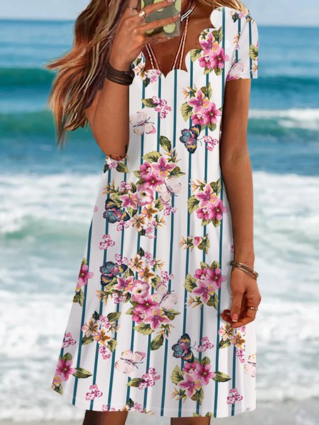

Floral V Neck Loosen Short Sleeve Knit Dress, White, Mini Dresses