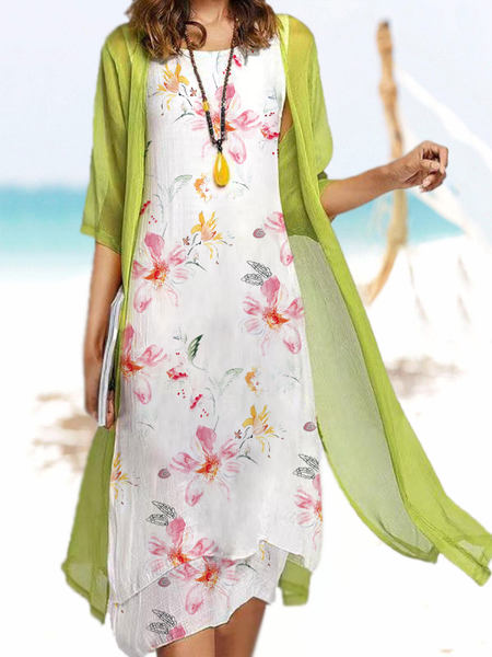 

Floral Cotton Blends Vacation Regular Fit Two Piece Sets, White, Suit Set