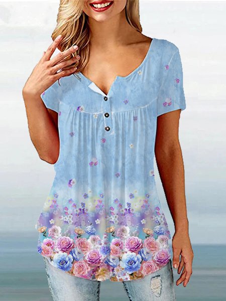 

Casual Floral Crew Neck Short Sleeve Tops, Multicolor, Tunics