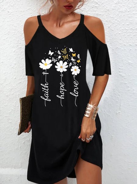 

Faith Love Hope Loosen V Neck Floral Short Sleeve Knit Dress, Black, Dresses