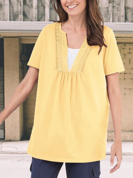

Loosen Solid V Neck Short Sleeve Tops, Yellow, Tunics