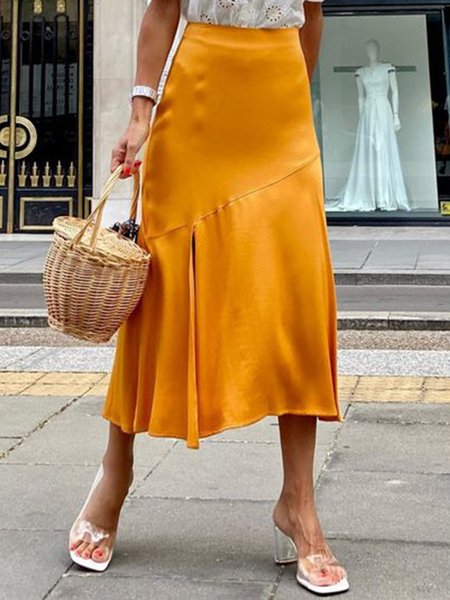

Daily Satin Regular Fit Elegant Long Skirt, Yellow, Midi Skirts