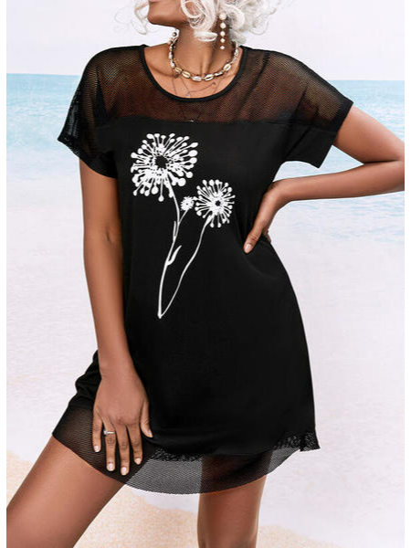 

Crew Neck Floral Loosen Short Sleeve Knit Dress, Black, Dresses
